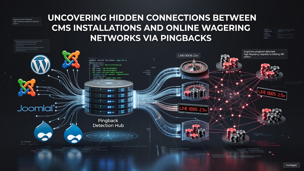 Diagram dat pingback-stromen tussen verschillende CMS-installaties en gokgerelateerde netwerken weergeeft
